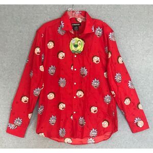 NEW! Rick and Morty Christmas Shirt Mens Medium‎ Red Long Sleeve Button Up AOP
